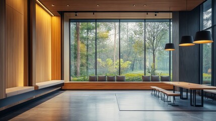 Fototapeta premium luxury office interior, minimalist conference setup, dramatic window feature, professional meeting space, wooden accent wall, ergonomic seating, premium business aesthetic, architectural corporate