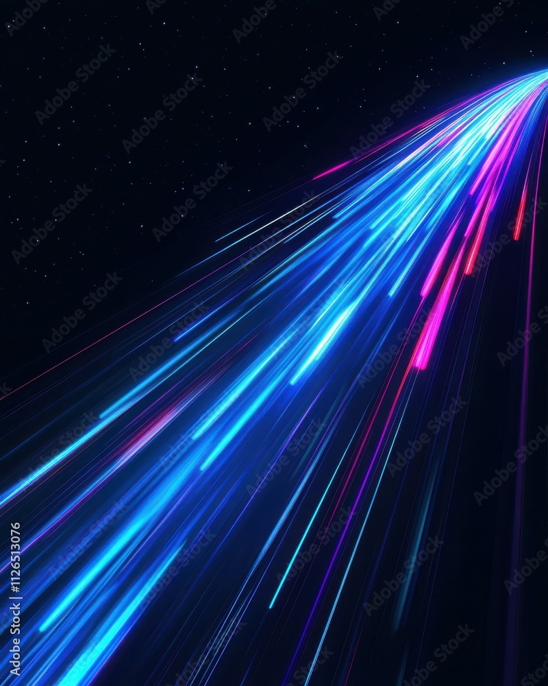 Poster blue laser beam effect dash with high-speed shine and emit colorful light on dark black background c