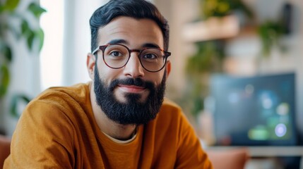 Middle eastern features, casual gaming setup, rectangular glasses frames, well-groomed beard, relaxed home atmosphere, orange casual wear, entertainment moment, soft wall backdrop, indoor plant