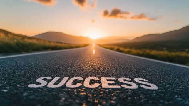 Road signifying success stretches into sunset with mountains in the background