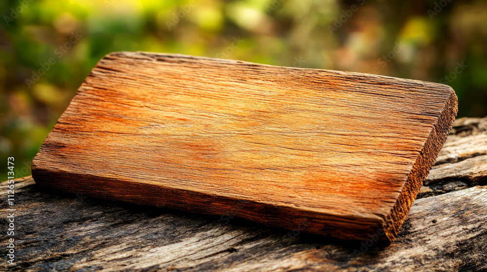 Poster rustic wooden surface on a tree log in natural outdoor setting with soft focus background