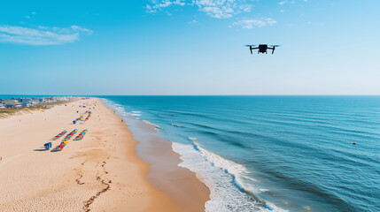 Coastal areas of New Jersey with modern drones flying over sandy beaches