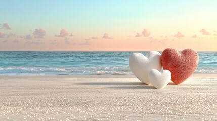 Fototapeta premium Three Colorful Hearts on Sandy Beach With Calm Waves and Beautiful Sunset Background
