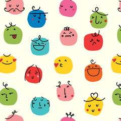 Doodle emoji seamless pattern. Hand drawn sketch positive emoticons background. Freehand emotion expression design