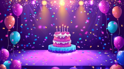 Vibrant Birthday Cake with Festive Balloons and Confetti