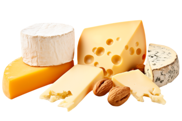 A set of different cheeses isolated on a transparent background.