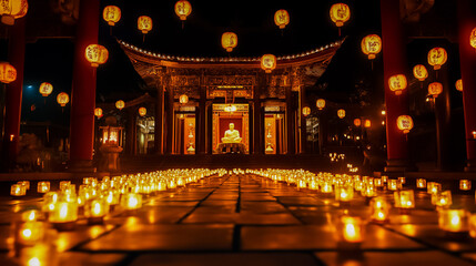 Obraz premium Temple Lit Up with Lanterns for Vesak