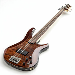 A polished bass guitar with a deep body and long neck