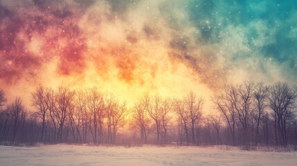 Fototapeta premium Fireworks with colored smoke above a winter forest, magical New Year s night focus on, winter theme, surreal, overlay, snowy forest backdrop