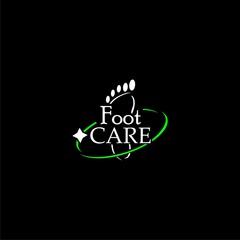 Concept of logo of center of healthy feet in the form of a circle with a foot silhouette isolated on black.