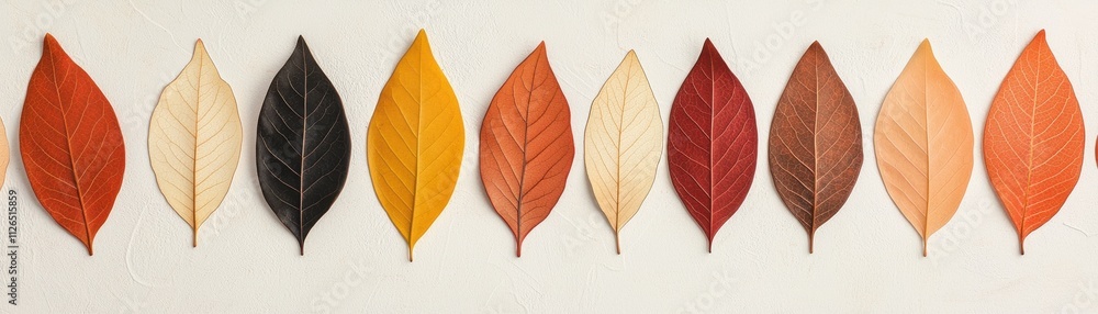 Poster a stunning array of colorful leaves arranged in a line, showcasing a gradient of autumn hues from li