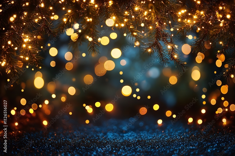 Poster the effect of sparkling blue bokeh light on a dark background. generative ai
