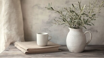 Fototapeta premium nordic home decor still life, pale wooden desk surface, textured stone pottery vase, fresh olive tree twigs, artisanal coffee mug, weathered linen book covers, empty corner space, morning light