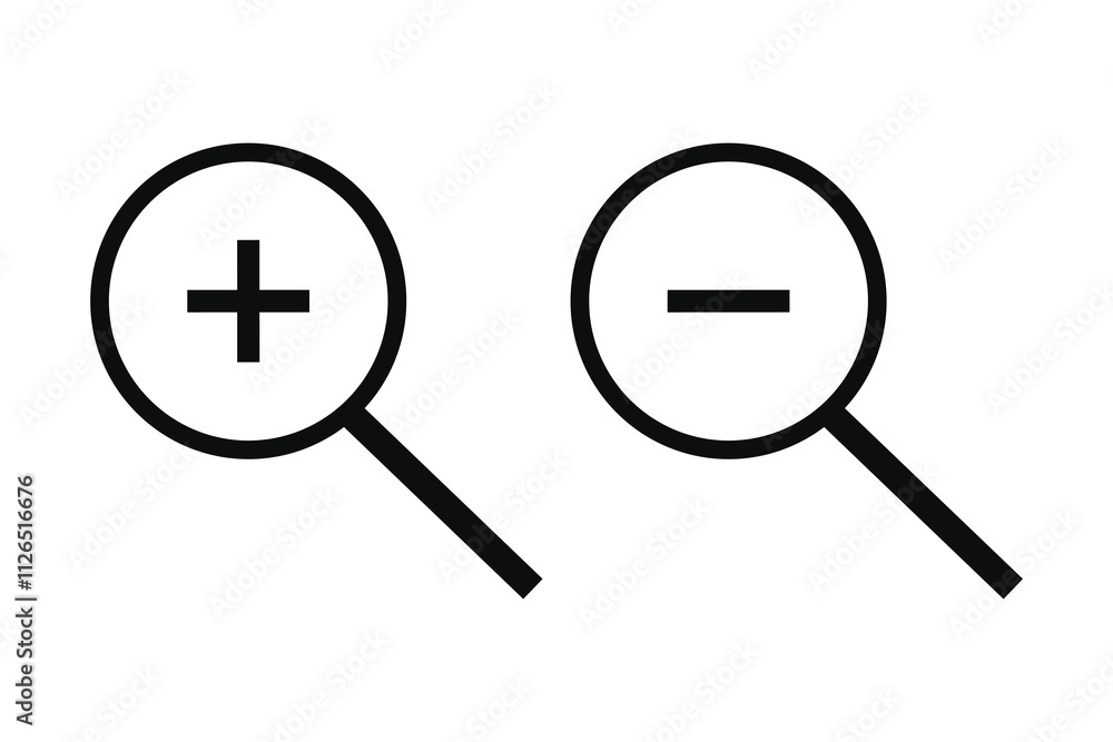 Poster search line and zoom in icons. magnifying glass with plus and minus icon for mobile and web isolated