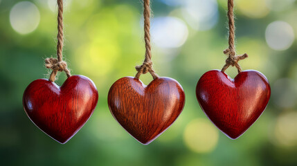 Wooden Heart Ornaments Hanging From Twine With Out Of Focus Green Background