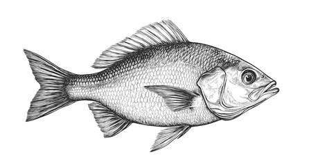 Fish sketch dorado gilt-head bream. Vintage retro print, black white gilt-head bream fish sketch ink pencil style drawing, linear drawing, engrave old school. Sketch artwork dorado fish. Illustration