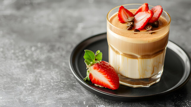 Glass of latte coffee and strawberry