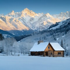 cozy cabin in a snowy landscape with mountains