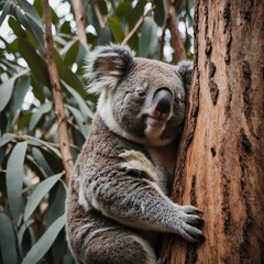 Obraz premium A koala peacefully sleeping in a eucalyptus tree.