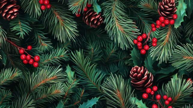 Christmas tree banches and red berries background