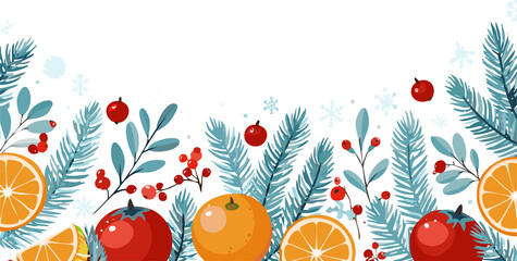 Christmas holiday frame- border with pine leaves, leaves and orange.