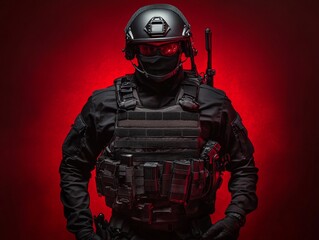 Soldier wearing tactical gear and helmet with red background