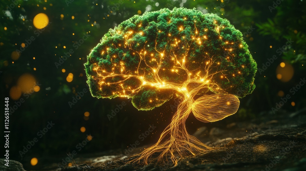 Poster a brain morphs into a vibrant tree with glowing branches and roots, illustrating the connection betw