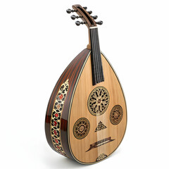 A richly decorated oud with a round body and unique patterns, producing warm,