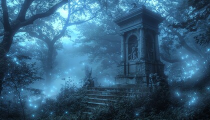 Fototapeta premium Ancient Altar In Enchanted Forest, Overgrown With Vines, Surrounded By Mystic Fireflies At Night