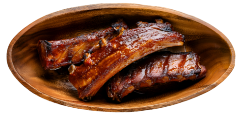 food Barbecue Ribs in a wooden bowl isolated on top view transparent background png