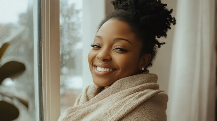 Happy black woman wrapped in blanket standing by window at home.