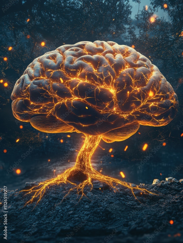 Leinwandbilder a vibrant brain morphs into a tree with illuminated branches and roots, signifying intelligence and 