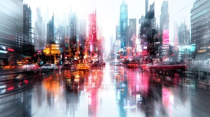 Vibrant Cityscape at Night with Colorful Lights and Reflections on Wet Streets