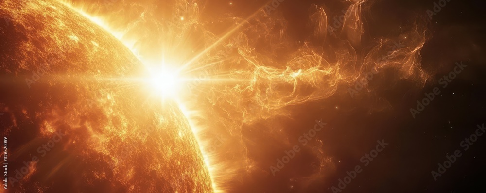 Poster closeup of the sun's surface with visible energy waves emanating from it towards earth. the backgrou