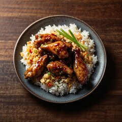 Fototapeta premium Comforting Delights: Savory Chicken Wings and Flavorful Pork Fried Rice