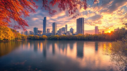 beautiful sunset over a city skyline reflecting in a calm lake