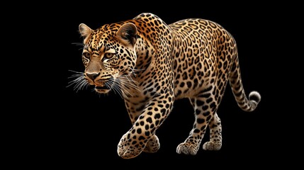 Naklejka premium Majestic African Leopard in Stride Against a Black Background, Showcasing Its Distinctive Spots and Graceful Movement, Symbolizing Wild Beauty and Nature's Wonders