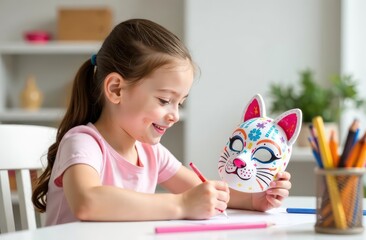 carnival cat mask in girl's hands, smiling girl in pastel colored home clothes sitting at table and...