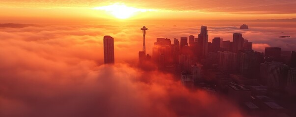 Hazy Sunrise Over Seattle Buildings Aerial View