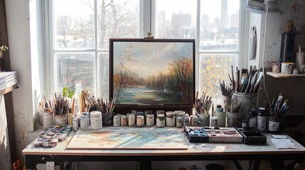 A creative workspace bathed in soft, natural light, with a table full of mixed media supplies waiting to be transformed into art.