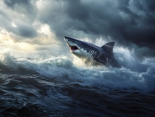 Fototapeta premium great white shark breaching the surface in dramatic ocean scene