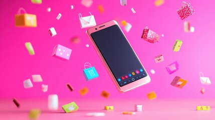 Abstract 3D model of a smartphone with exploding icons of shopping, discounts and digital payment solutions, pastel theme.