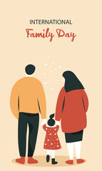 Family day. Parents day. Vector flat illustration parents on a walk with a child holding hands. View from the back. Minimalistic simple style with space for text. Ideal for a holiday card, poster, web