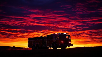 Fototapeta premium fire truck silhouette against a dramatic sunset