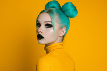 Fashion portrait featuring young woman with bright turquoise hair dramatic makeup and solid yellow background, exuding modern style and confidence
