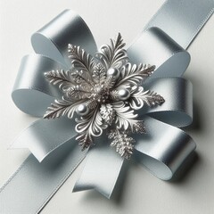 Silver ribbon and bow top on white background