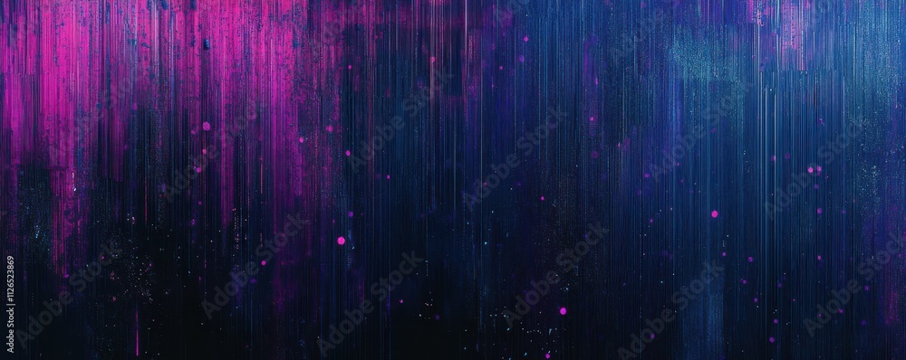 Poster dark background, vertical lines of blue and purple light with digital glitch effects, creating an ab