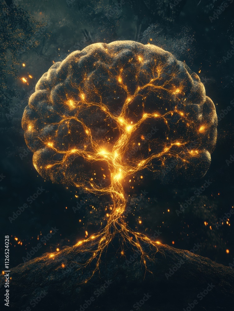 Leinwandbilder a brain evolves into a tree with radiant neural branches and roots, representing the journey of grow
