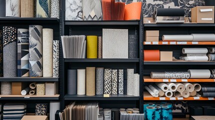 Wallpaper Samples Organized On Shelves In A Store