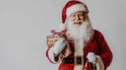 jolly figure in festive attire holding gifts and decorations